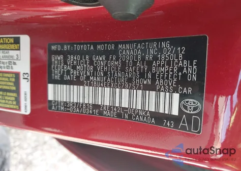 2012 Toyota Corolla Le из США, поврежденный, VIN 2T1BU4EEXCC797571